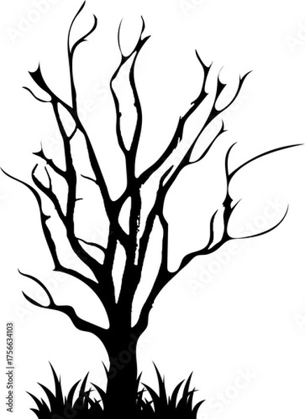 Obraz Black silhouette of a bare tree with twisted branches and grass at the base, symbolizing winter, decay, or nature’s simplicity.