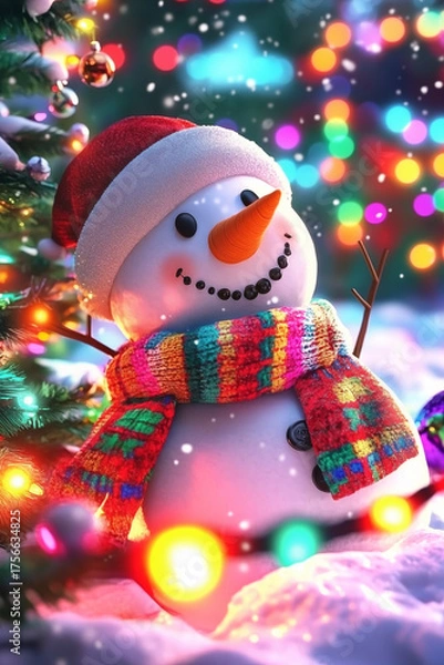 Obraz Snowman wearing a Santa hat and colorful knitted scarf standing beside a Christmas tree decorated with lights. Realistic 3D illustration with warm lighting perfect for winter and Christmas themes.