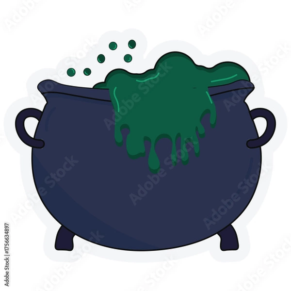 Obraz Cartoon illustration of a bubbling black cauldron filled with green potion, ideal for Halloween decorations, spooky designs, and fantasy themes.