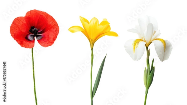 Obraz Three different flowers red poppy yellow lily and white iris isolated on transparent background