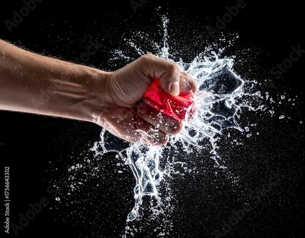Obraz Hand crushing a red water-filled object, creating a water explosion