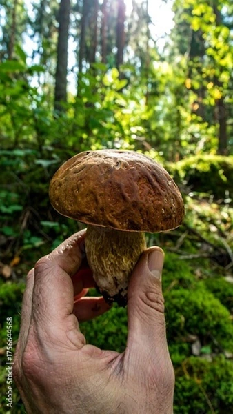 Obraz Hand holding a large brown mushroom in a forest