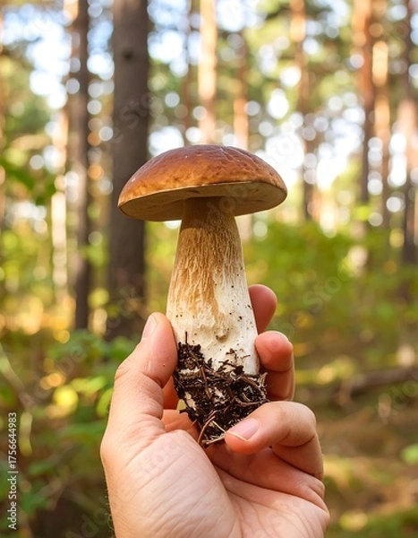 Obraz Hand holding a large mushroom in a forest