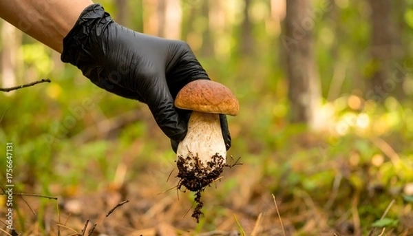 Obraz Hand in black glove holding a mushroom in a forest