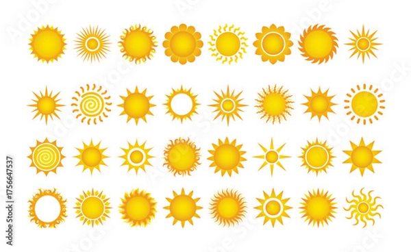Obraz Unique Sun Illustrations. Sun icon set. Yellow sun star icons collection. Summer, sunlight, nature, sky. Vector Design Collection. Vector illustration isolated on white background