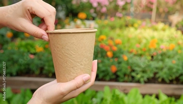 Obraz Hands holding a craft paper cup outdoors in a garden