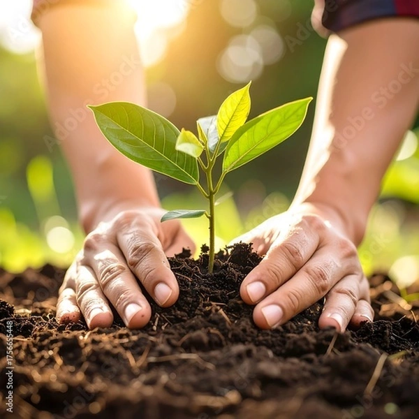 Obraz Hands planting a seedling in soil