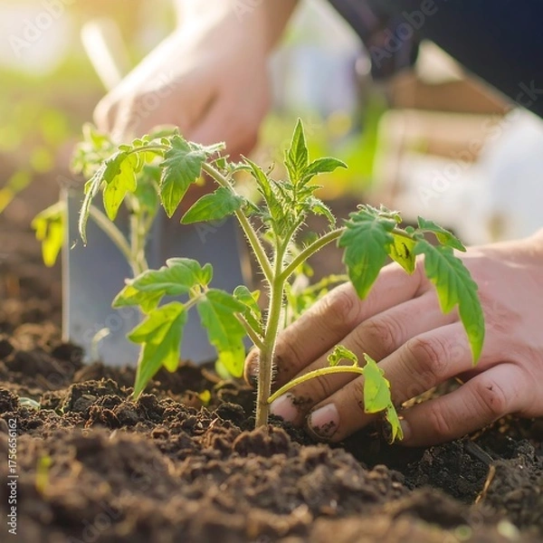 Obraz Hands planting a tomato seedling in soil