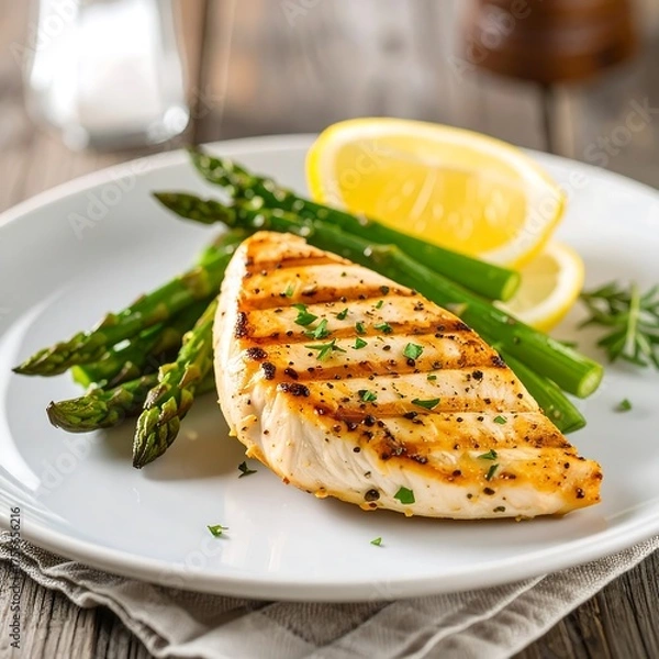 Fototapeta Grilled chicken breast with asparagus and lemon (2)