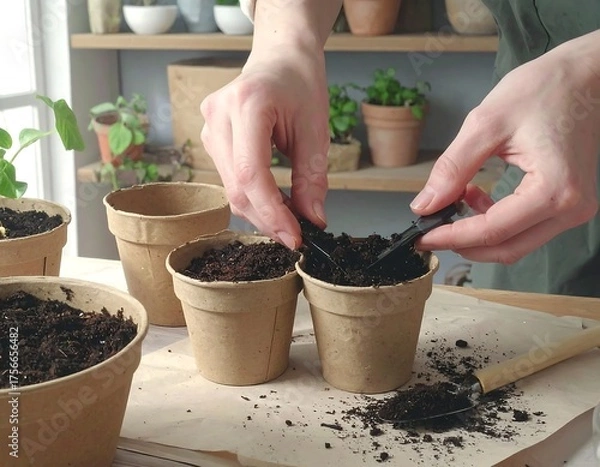 Obraz Hands planting seedlings in small brown pots