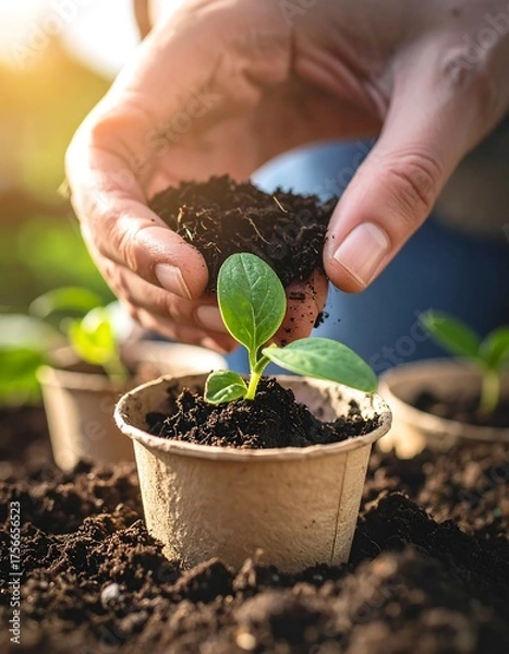 Obraz Hands planting seedling in small biodegradable pots