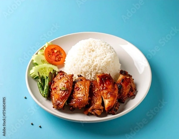 Fototapeta Grilled chicken with rice and vegetables (1)