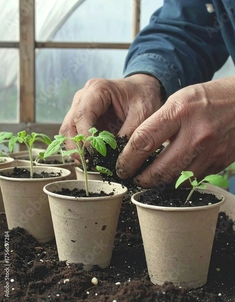 Obraz Hands planting seedlings in small pots