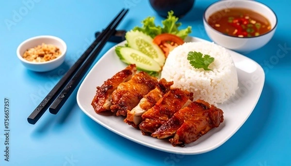 Fototapeta Grilled chicken with rice and vegetables