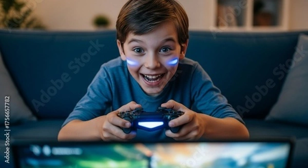 Fototapeta Excited young boy immersed in vibrant video game action with bright lights, grinning with pure joy on couch, perfect for gaming ads and family fun