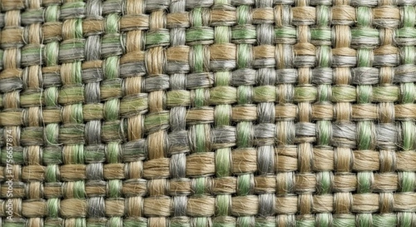 Fototapeta Sophisticated woven textile with earthy green and beige tones creates a natural, textured pattern perfect for backgrounds and design elements
