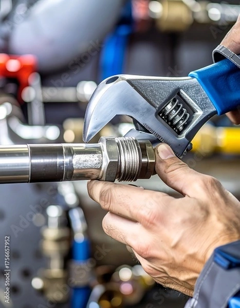 Obraz Hands tightening a pipe fitting with adjustable wrench