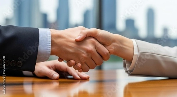 Fototapeta Confident business people shaking hands after successful negotiation in modern office with skyscraper backdrop symbolizes partnership and achievement
