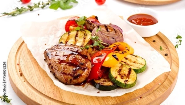 Obraz Grilled steak and assorted vegetables on a wooden board