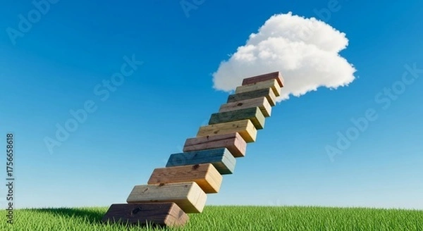 Fototapeta Dreamy cloudscape with wooden steps leading to fluffy cloud, symbolizing aspiration and growth under clear blue sky on vibrant green grass