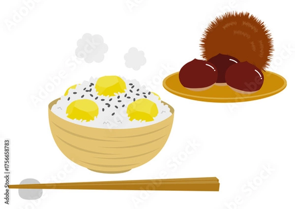 Fototapeta 茶碗に盛られた栗ご飯と籠に盛られた栗のイラスト
