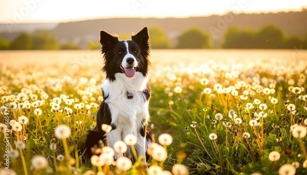 Obraz Happy dog in a field of dandelions at sunset