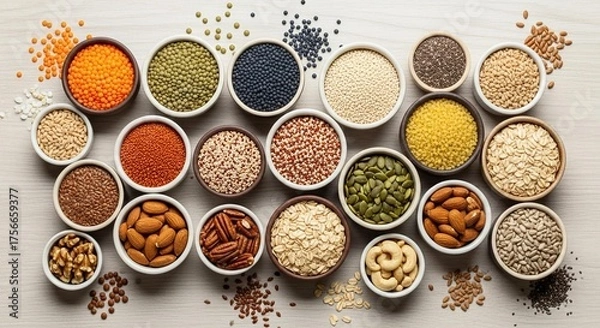 Fototapeta Vibrant variety of nutritious superfoods in bowls on light surface for healthy eating, wellness blogs, and recipe inspiration in eye-catching layout