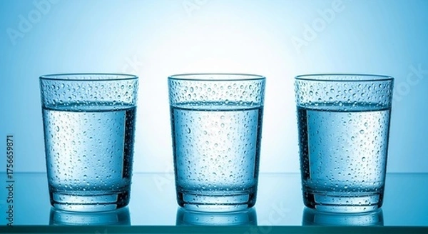 Fototapeta Refreshing glasses of pure water glistening with condensation create a cool, hydrating effect, perfect for health, wellness and thirst-quenching campaigns