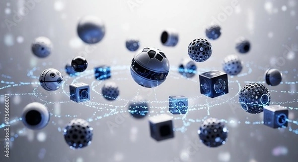 Fototapeta Futuristic network connecting abstract geometric shapes, representing innovative technology and interconnected systems for modern digital solutions and AI advancements