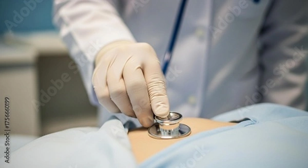 Fototapeta Caring doctor listens to patient's heartbeat with stethoscope in clean hospital, providing compassionate healthcare and wellness checkup for insurance