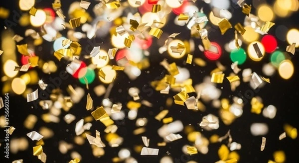 Fototapeta Celebrate success with vibrant golden confetti falling against a festive bokeh background, perfect for New Year's Eve, awards ceremonies, or special occasions