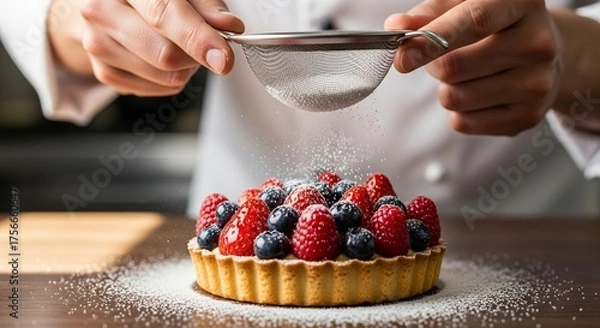 Fototapeta Delicate dusting of powdered sugar on a vibrant berry tart brings a touch of elegance and sweetness, perfect for dessert lovers and bakery promotions