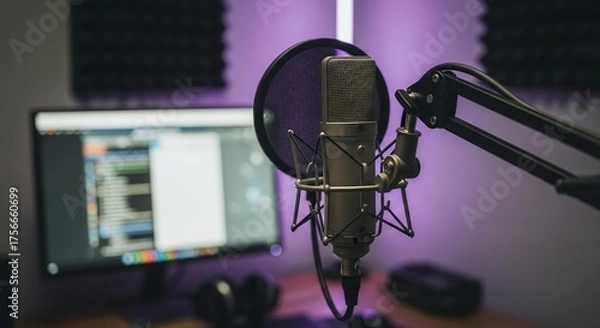 Fototapeta Professional microphone setup ready for podcasting or voiceover work in a modern studio with vibrant purple lighting creating a dynamic atmosphere