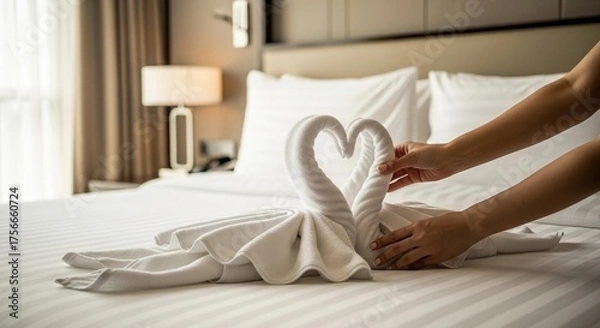 Fototapeta Elegant swan towel art on crisp white hotel bed, a romantic surprise, creating a warm welcome for guests and a luxurious experience for honeymooners