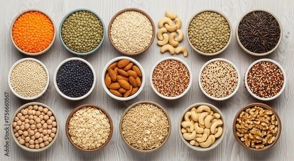 Fototapeta Vibrant bowls of healthy whole foods offer a rainbow of nutrients for balanced diets and mindful eating, perfect for nutrition guides and wellness blogs