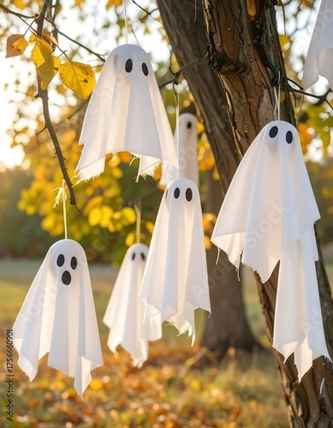 Fototapeta Halloween ghosts hanging from a tree