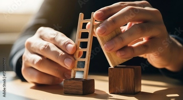 Fototapeta Building your dreams one step at a time with dedication and focus, a wooden ladder representing pathways to success and career growth in business