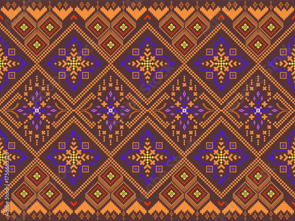 Obraz “Rustic Pixel Tribal Textile Pattern in Burnt Orange and Deep Brown – Seamless Ethnic Fabric Design”