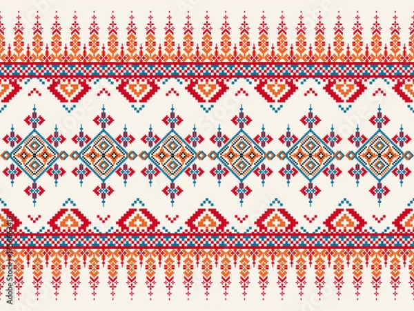 Obraz “Vibrant Ethnic Pixel Border Pattern with Red and Teal Accents – Folk Geometric Seamless Design”