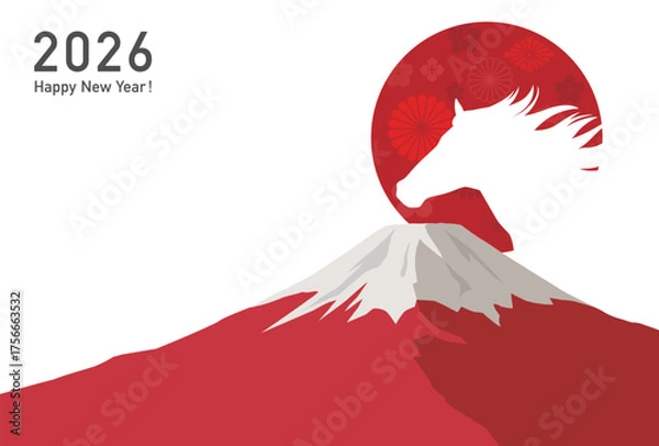 Obraz 午年の年賀状テンプレート　馬と富士山と日の出