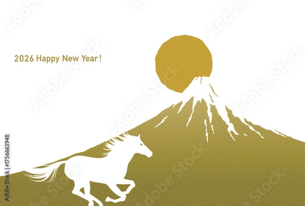 Obraz 午年の年賀状テンプレート　富士山に駆ける馬　コピースペース　
