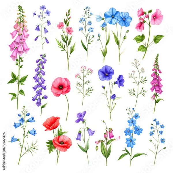 Obraz Pink floral pattern with spring flowers and butterflies on white background