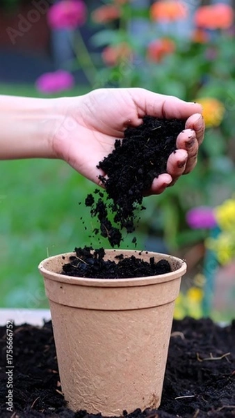 Fototapeta Hand pouring dark soil into a brown pot