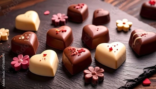 Obraz Heart-shaped chocolates arranged on a dark slate plate