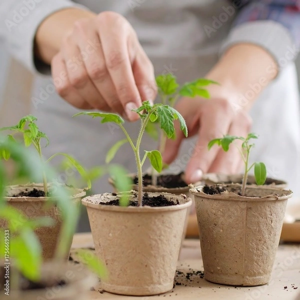 Obraz Hands carefully planting young tomato seedlings in small biodegradable pots