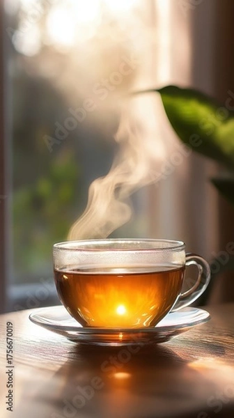 Fototapeta A cup of tea on a table with a plant in the background