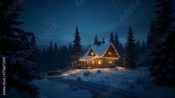 Fototapeta The atmosphere of a house on Christmas Eve on the edge of a pine forest