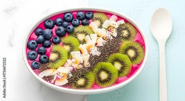 Fototapeta vibrant smoothie bowl with blueberries kiwi and chia seeds