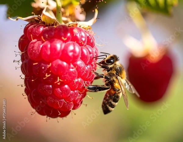 Obraz Honeybee on a raspberry