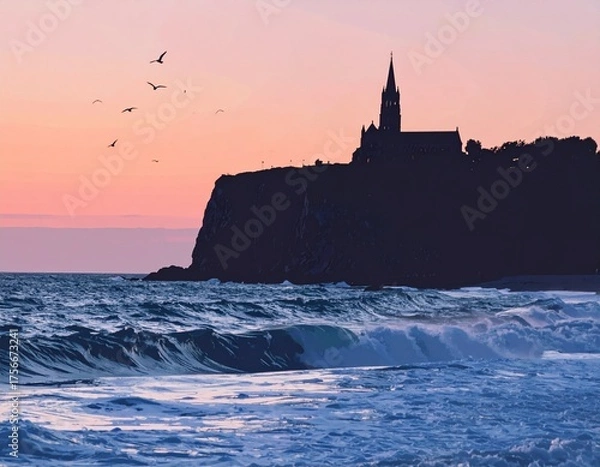 Obraz Serene coastal landscape with a historic church silhouetted on a cliff above the ocean at sunset.